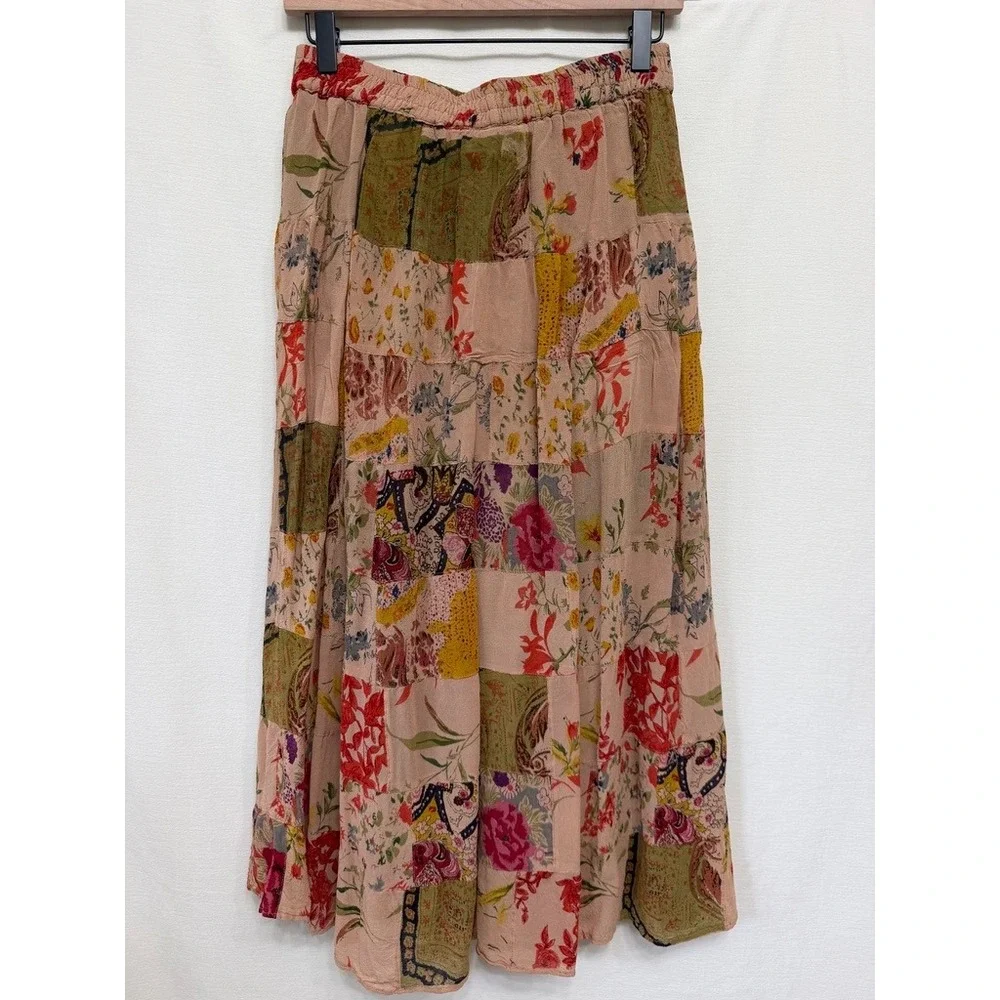Passports Floral Patchwork Rayon Maxi Skirt Women Medium Pink Boho Vintage 90s